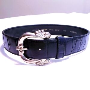 1980's Black Leather Belt- Vintage Ornate